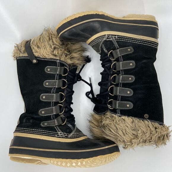 Sorel Joan of Arctic Snow Boots Leather Rubber Faux Fur Waterproof Black Size 7 - Picture 2 of 13